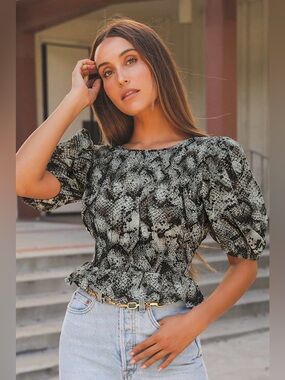 Free People XOXO Grey Snake Print Smocked Puff Sleeve Top